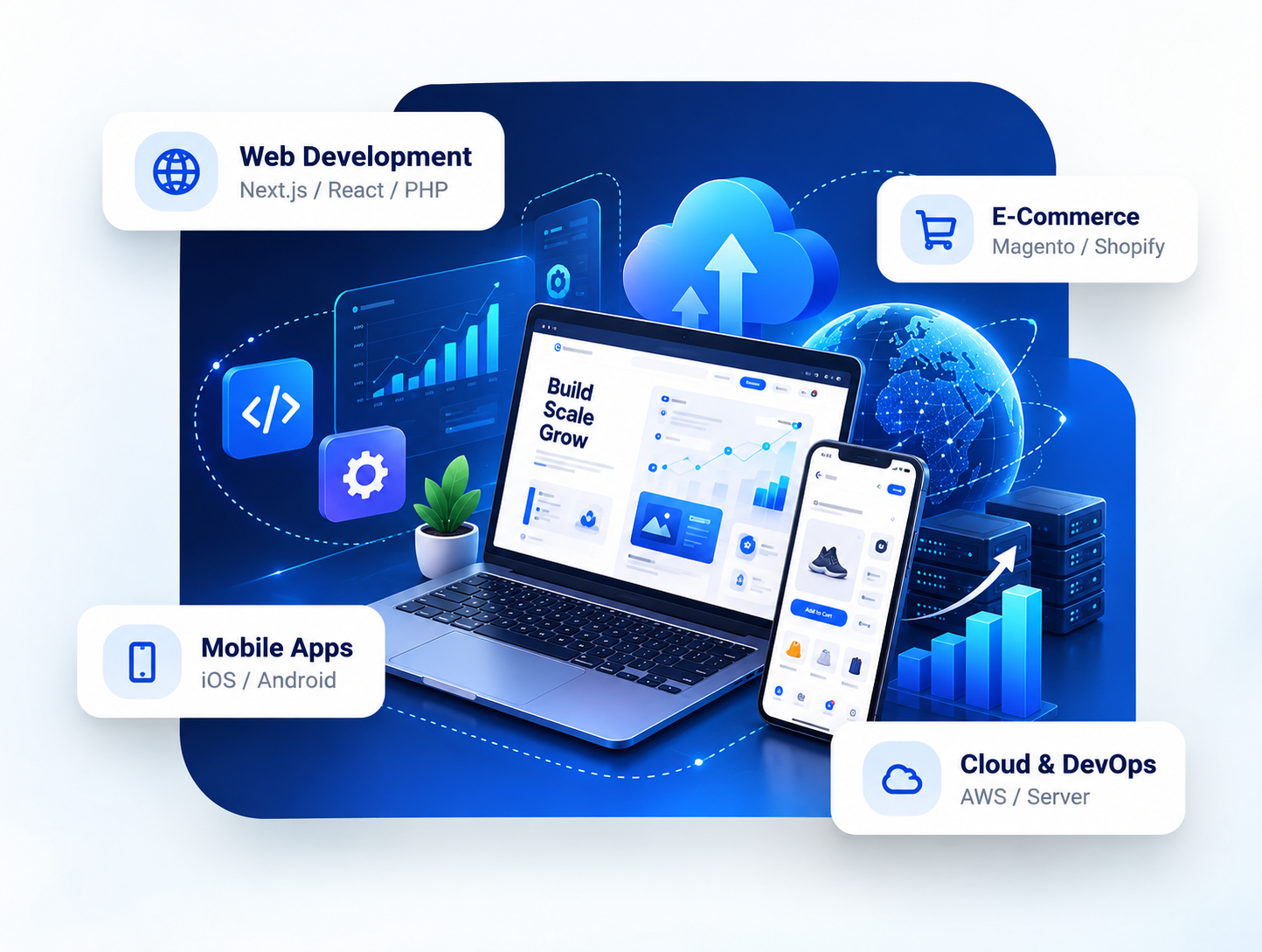 OberoiTech services: web development, e-commerce, mobile apps and cloud & DevOps